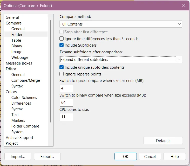 The Options window, as described above