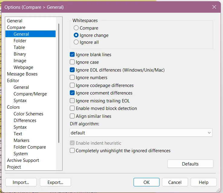 The Options window, as described above