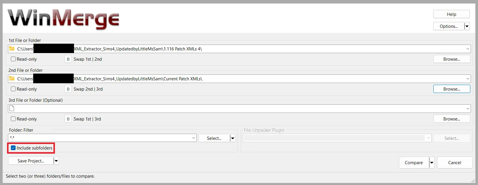 The file/folder select window in WinMerge, with 1.116 Patch XMLs 4 selected at the top, Current Patch XMLs selected second, and an empty selection at the bottom. A checkbox for Include Subfolder is in a red box near the bottom.