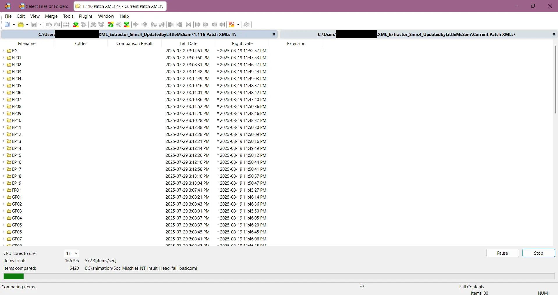 WinMerge beginning to compare the folders, with the subfolders visible. A progress bar is filling with dark green at the bottom.