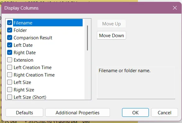 The Display Columns window, with File Name, Folder, Comparison Result, Left Date, and Right Date selected, and Extension, Left Creation Time, Right Creation Time, Left Size, Right Size, and Left Size (Short) unchecked.