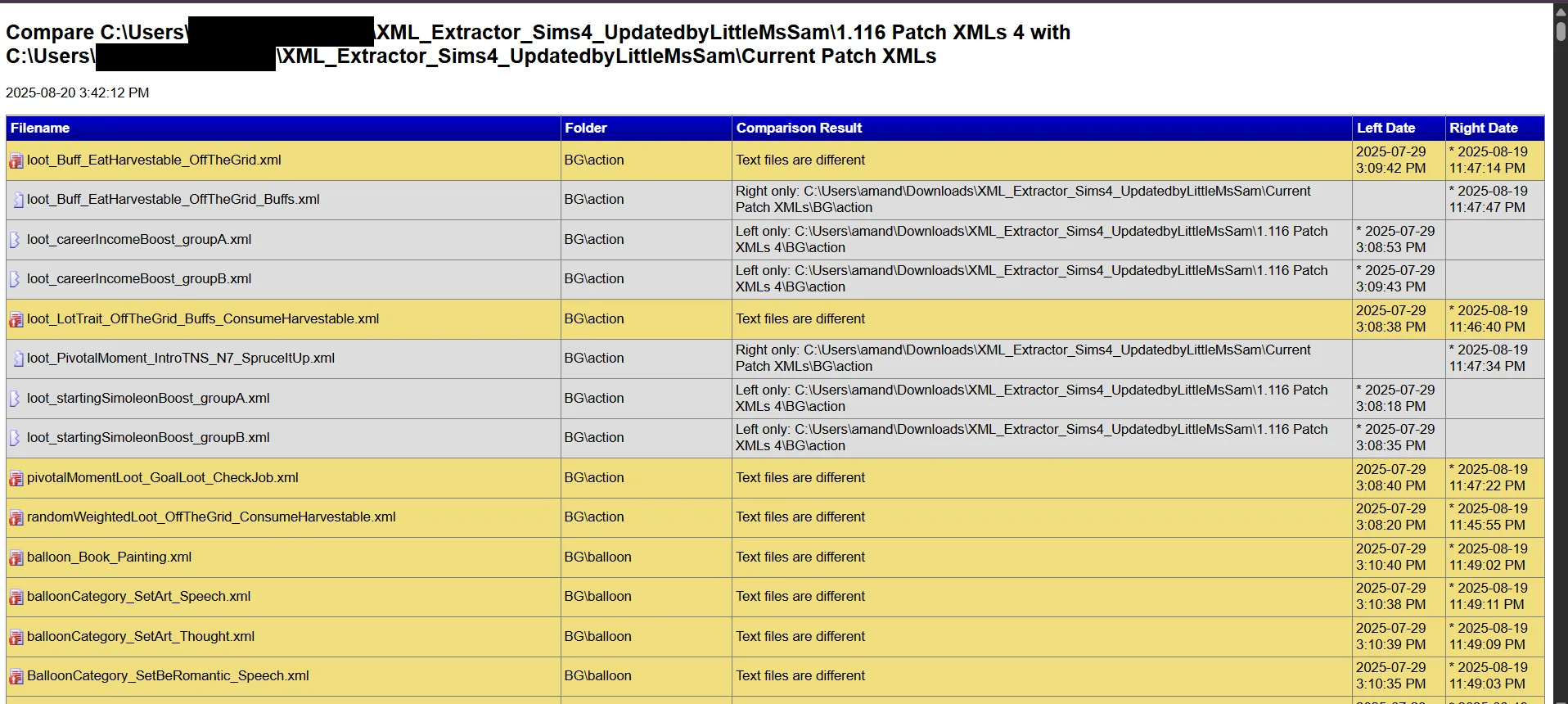 An XML Compare file open in a web browser