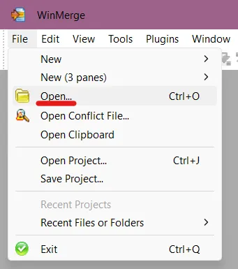 The top left of WinMerge, with the File menu open and Open underlined in red.