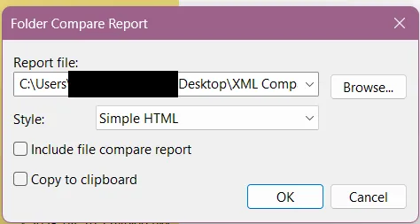 The Folder Compare Report window, with options as described below